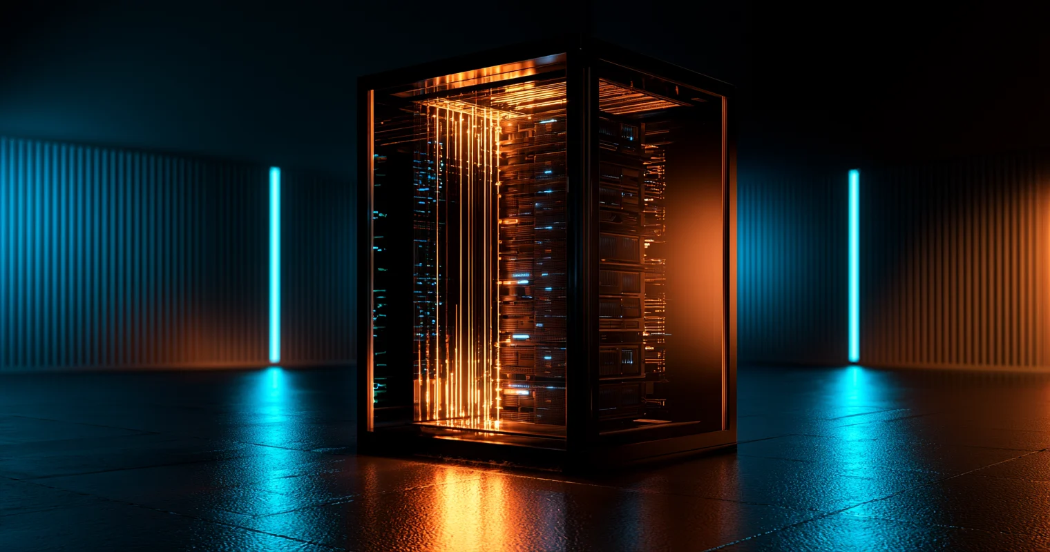 A glowing cyan and warm amber technical layout showing a contained, enclosed server rack operating independently from an external cloud.