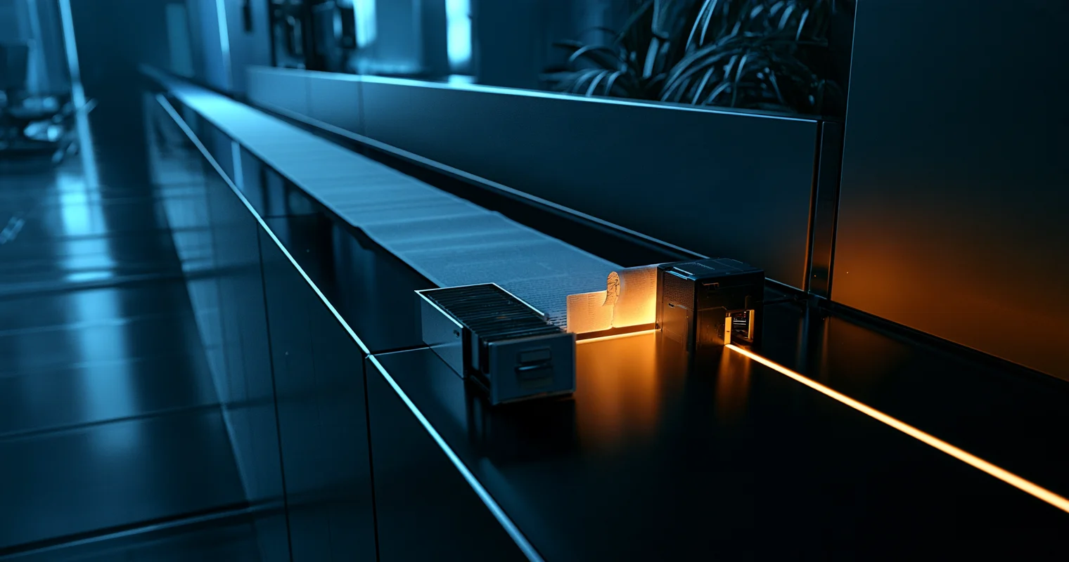 A long strip of stacked paper sheets running along a dark glass counter, with a small open index-card drawer and a compact device lit by a warm amber glow at its near end.