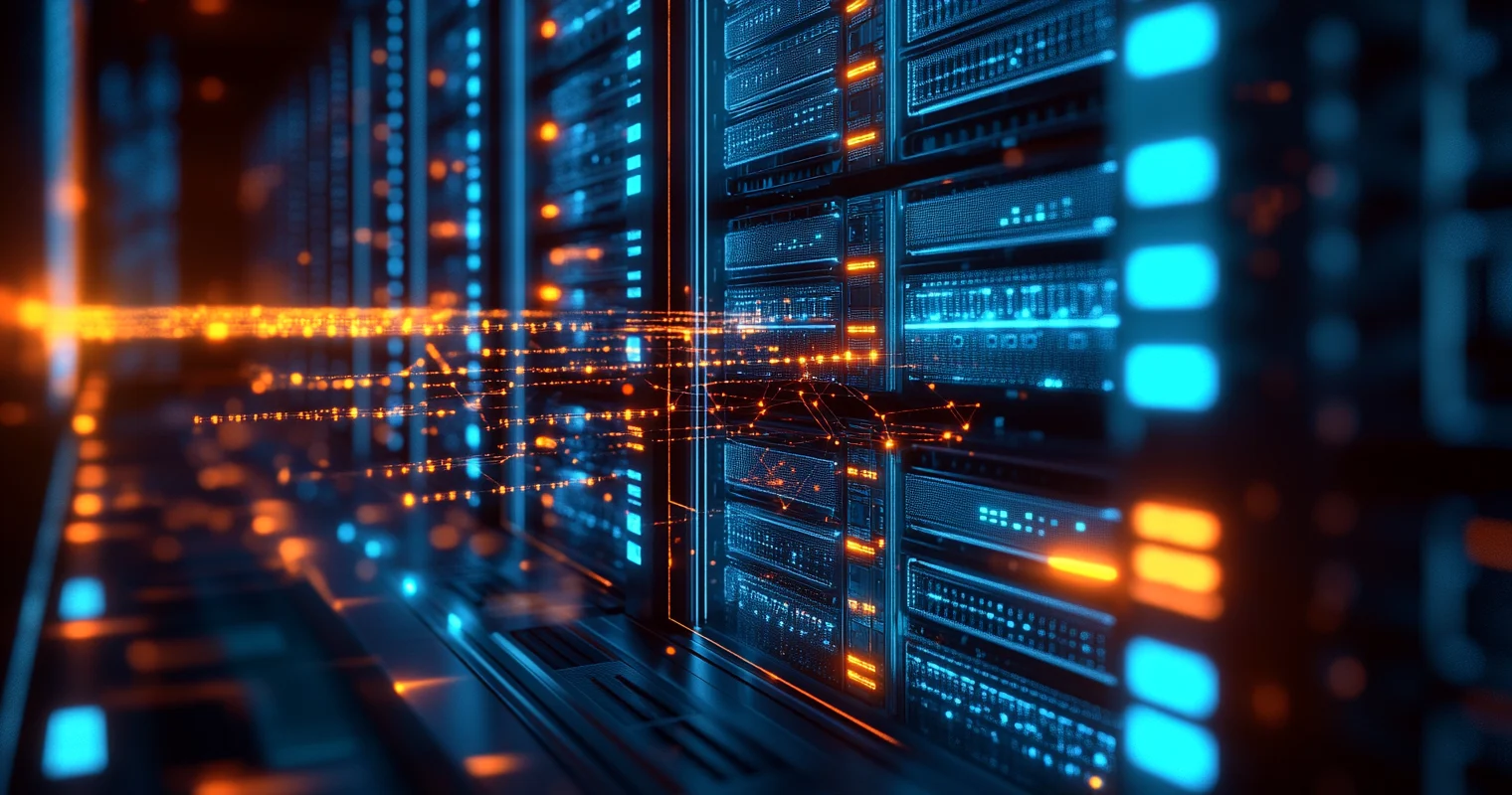 A glowing diagram of interconnected server racks in amber and cyan, showing data flowing through multiple layers of storage and processing, set in a dark technical diorama.
