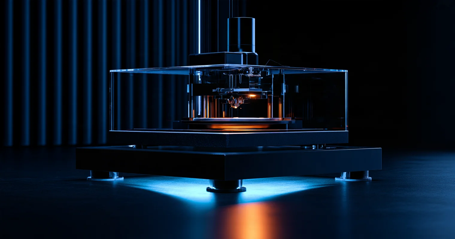 A small mechanical apparatus inside a transparent enclosure on a black platform, lit by blue and orange light.