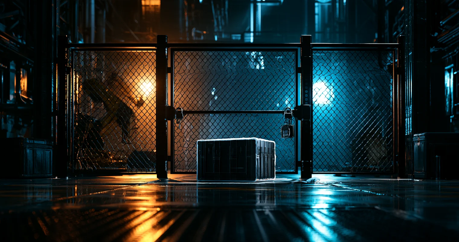 A padlocked chain-link gate in a dark industrial hall with a black crate on the wet floor in front of it, lit orange on the left and blue on the right.