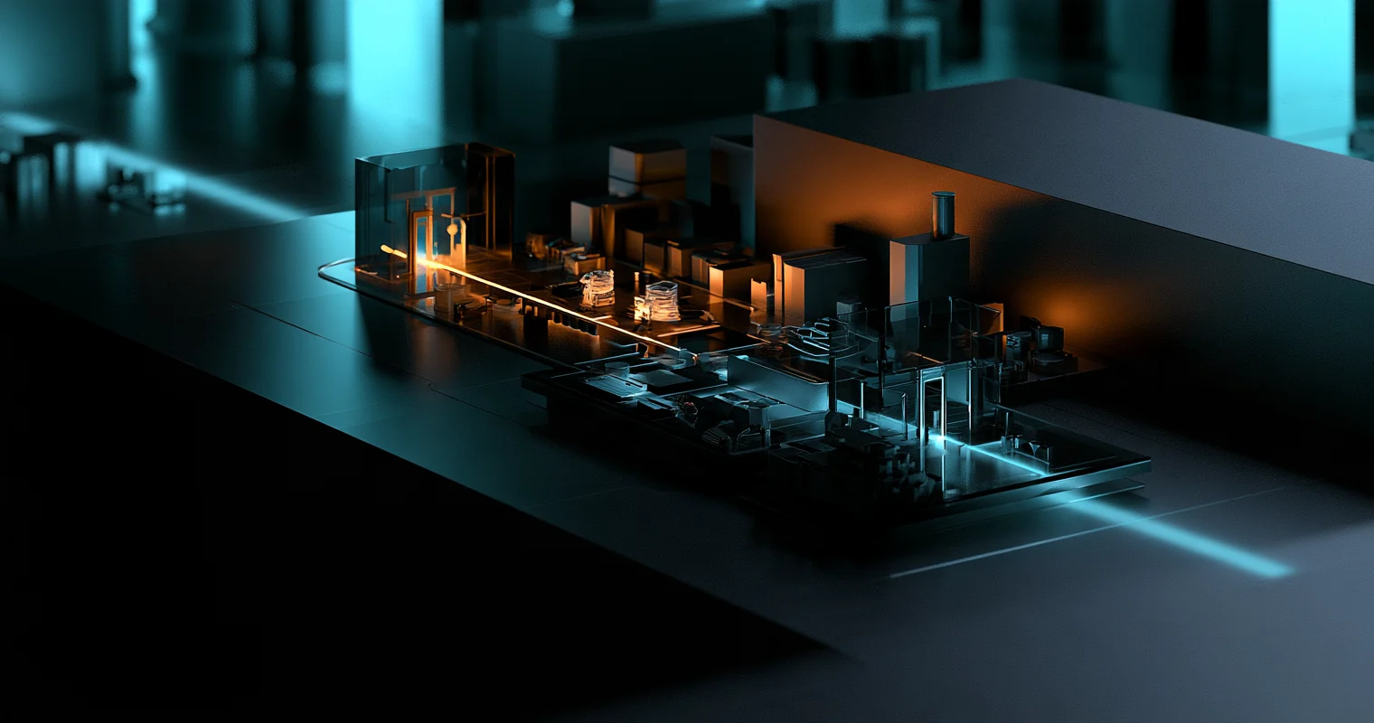 A dark miniature installation with glass gates and cyan and amber light paths.