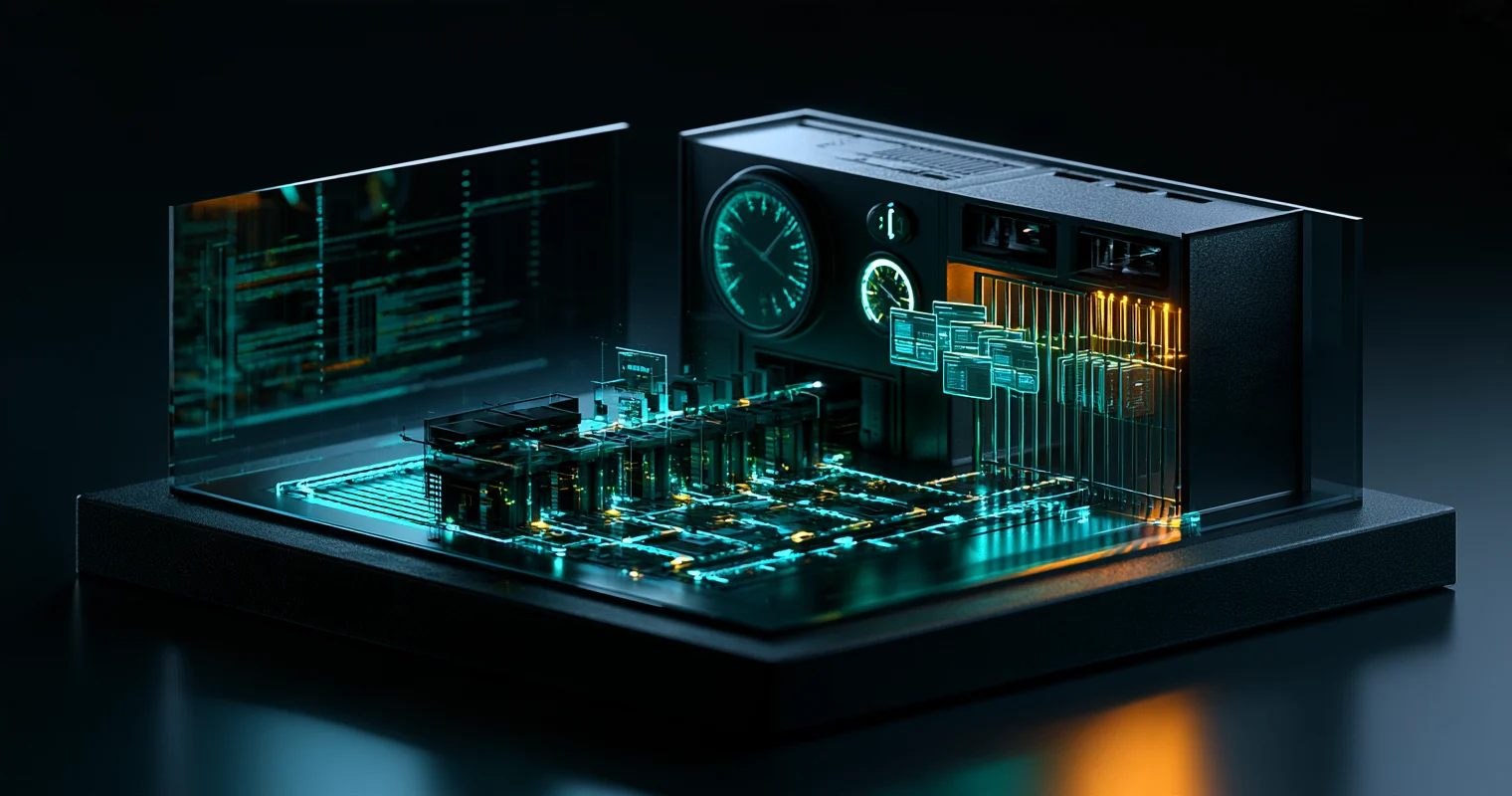 A miniature computer workstation with glowing cyan circuitry, dashboard screens, and two illuminated clock faces.