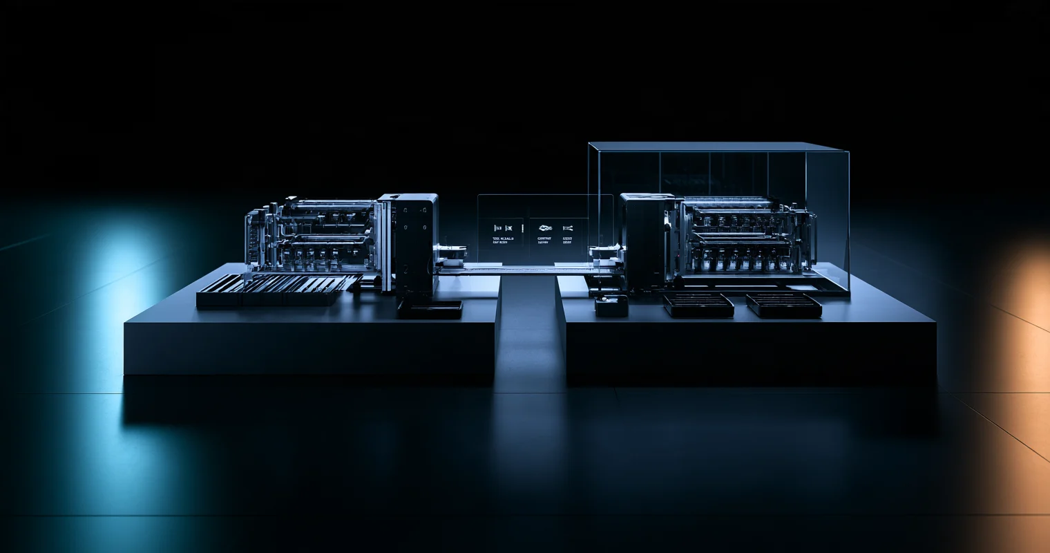Two dark machine modules on separate platforms connected across a central gap, with cyan light on the left, orange light on the right, and a transparent enclosure around the right module.