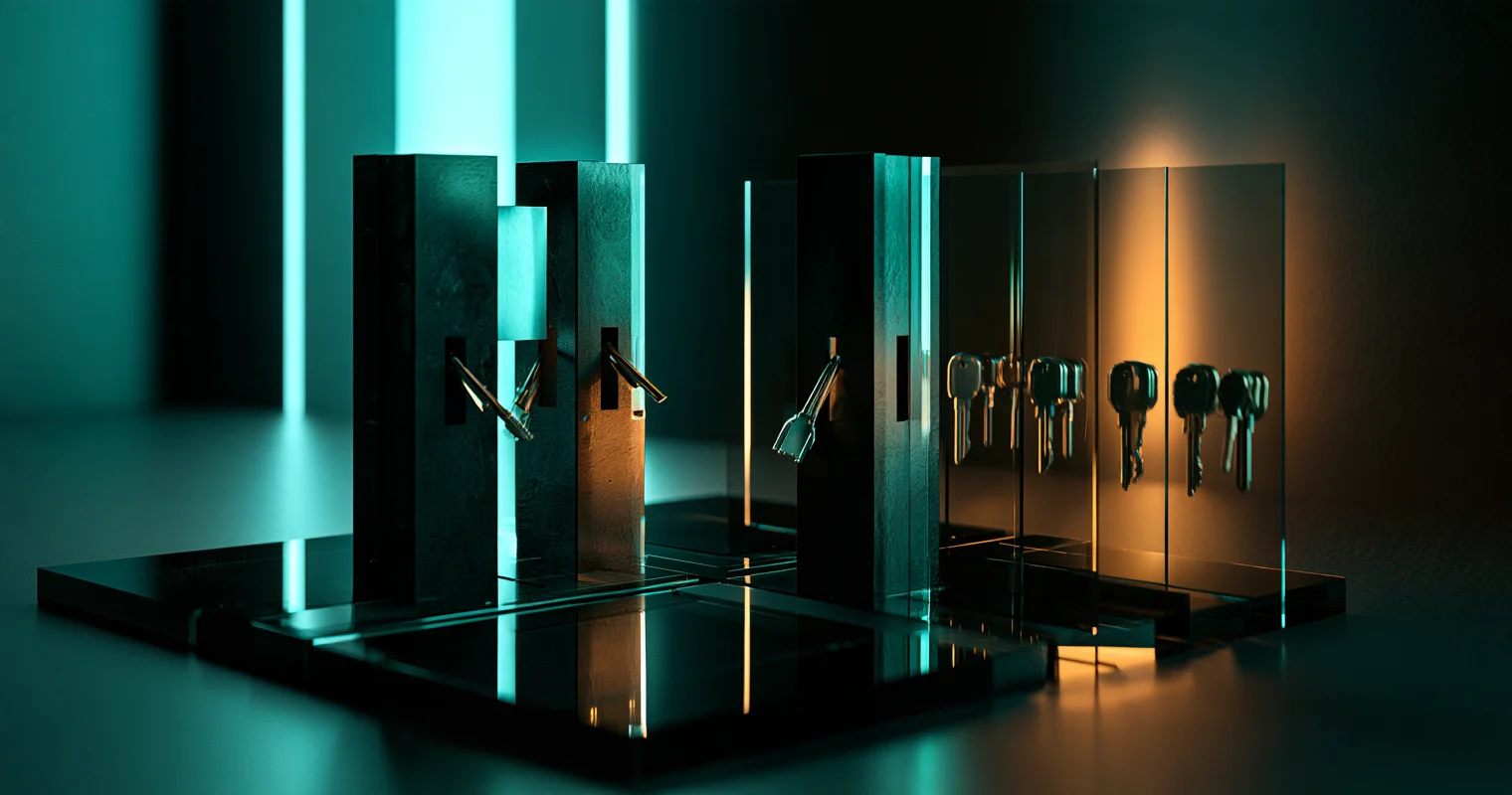 An abstract installation of black pillars with keyholes and keys beside a row of keys on transparent panels, lit turquoise and orange.