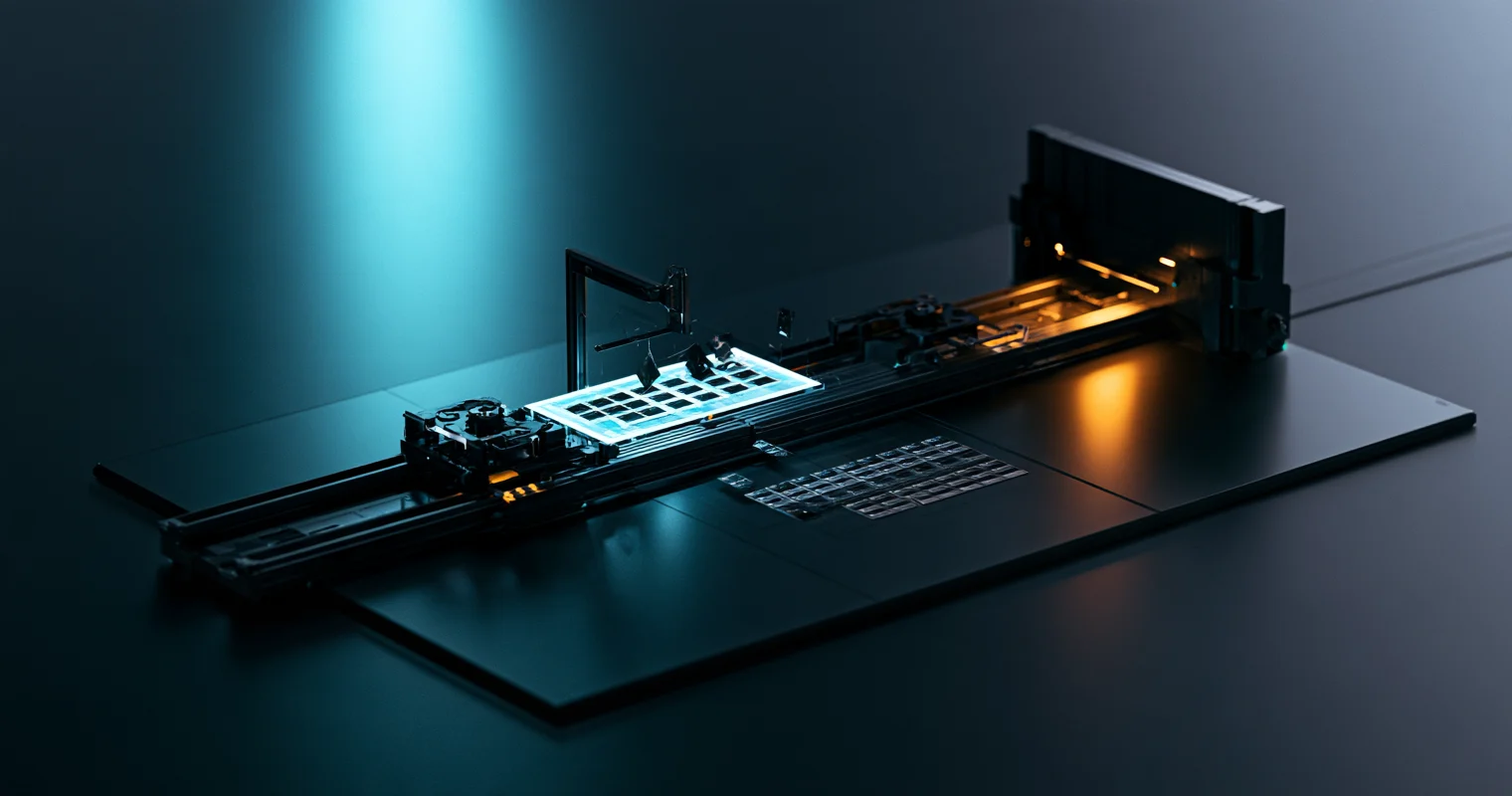 A glowing cyan grid panel rides a dark rail mechanism toward an orange-lit housing, beside a fainter grid set into a black base plate.