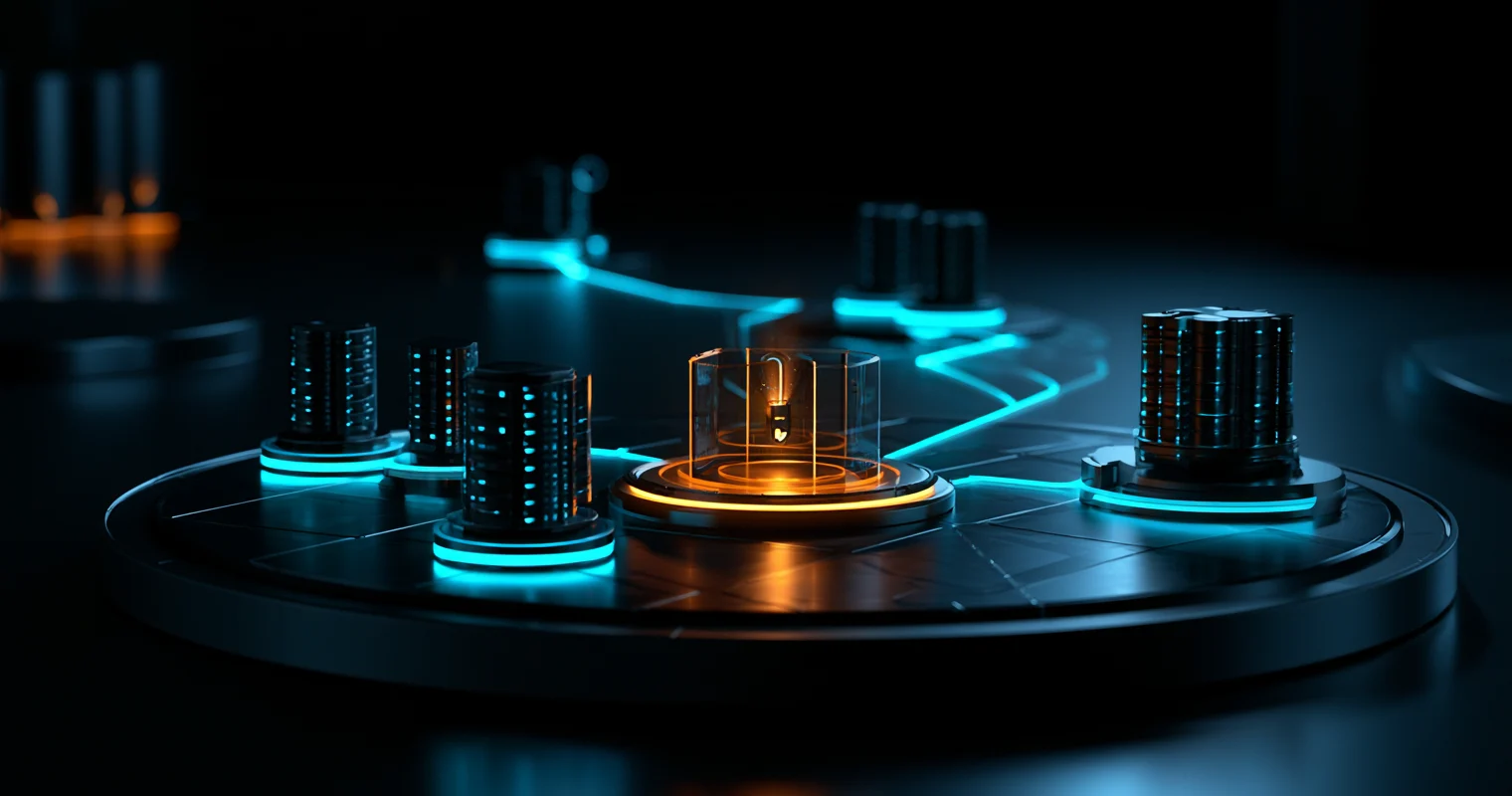 Dark futuristic network platform with four black server towers linked by cyan paths to an orange-lit central capsule.