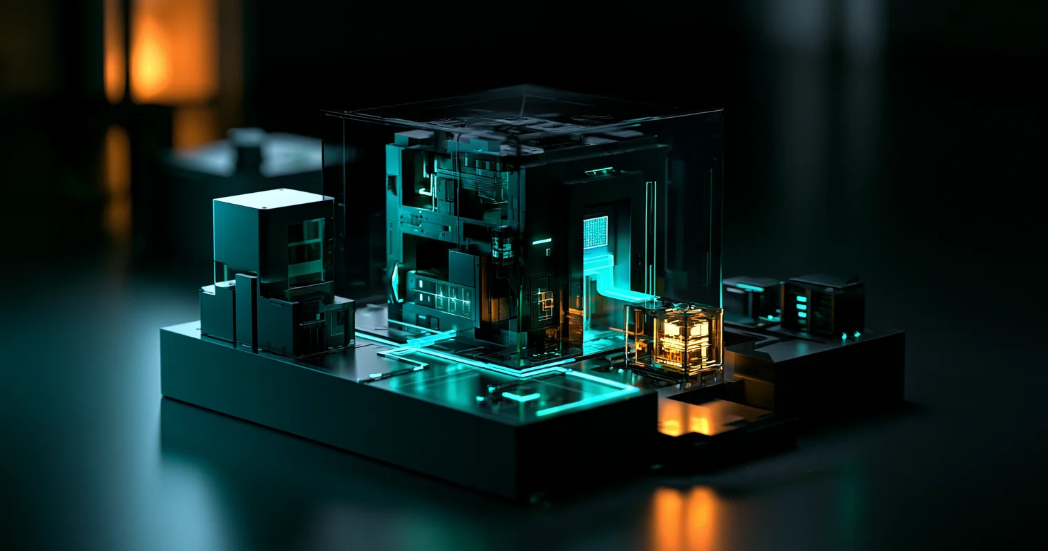 Dark technical diorama of a glass compute chamber on a platform, lit in cyan with one amber-lit unit at the boundary.