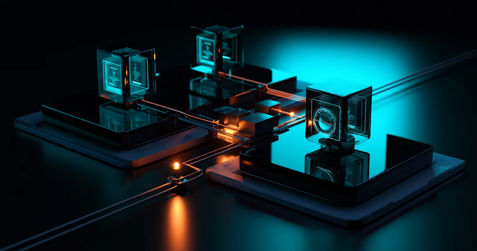Dark technical diorama of three transparent server cubes connected by orange lines across cyan-lit platforms.