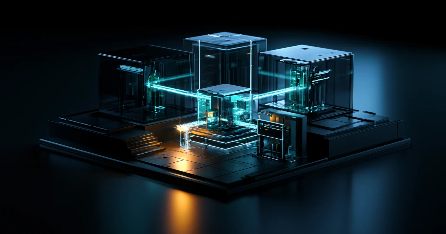 Dark miniature server installation with three large glass cubes connected by cyan light beams to a smaller glowing cube at the center.
