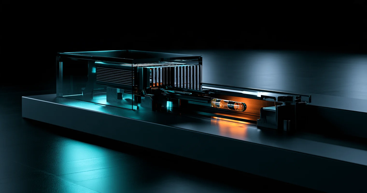 A glass-like mechanism lit in cyan, with a glowing orange capsule in a channel on the right.