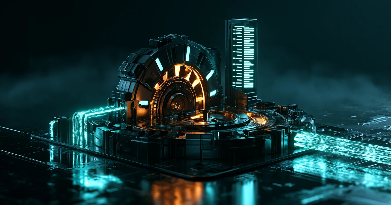 A dark isometric machine diorama on a wet reflective floor: a large circular dial with an amber-lit core, narrow cyan conduits feeding in from the left, a much wider and denser cyan stream flowing out to the right, and a tall column of stacked glowing meter bars alongside it.