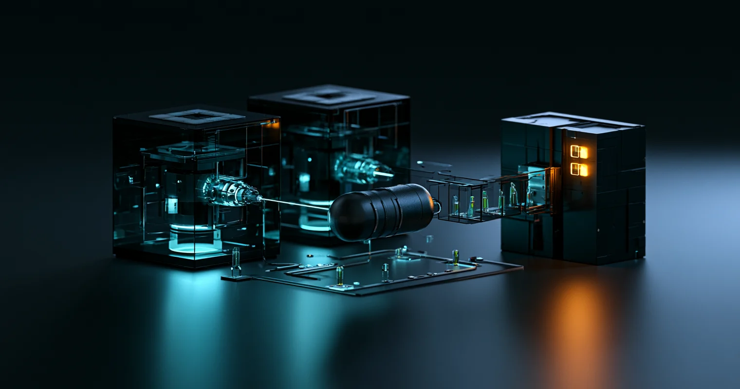 Three dark glass and metal modules connected by cyan-lit cables and a suspended cylindrical component, with two amber indicator lights on the right module.