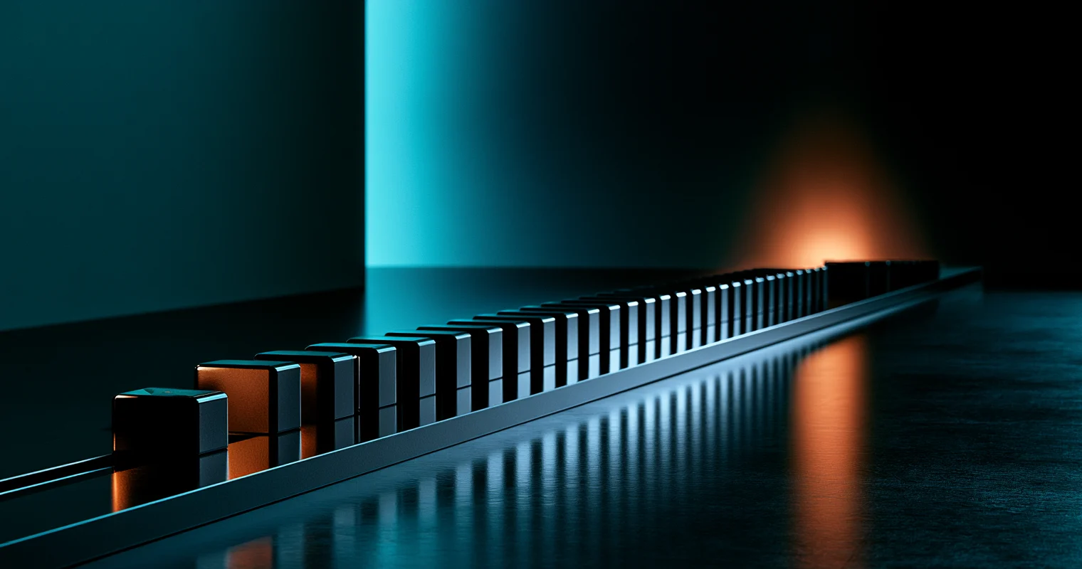 A dark technical diorama: a long metal rail recedes into the distance carrying a close-packed row of identical dark blocks. At the near end the run breaks — one block has slipped off the rail onto the reflective floor, and the next block in line is copper-coloured instead of dark. A warm amber light glows behind the far end of the row, where the blocks merge into one solid mass, and a large cyan panel lights the wall on the left.