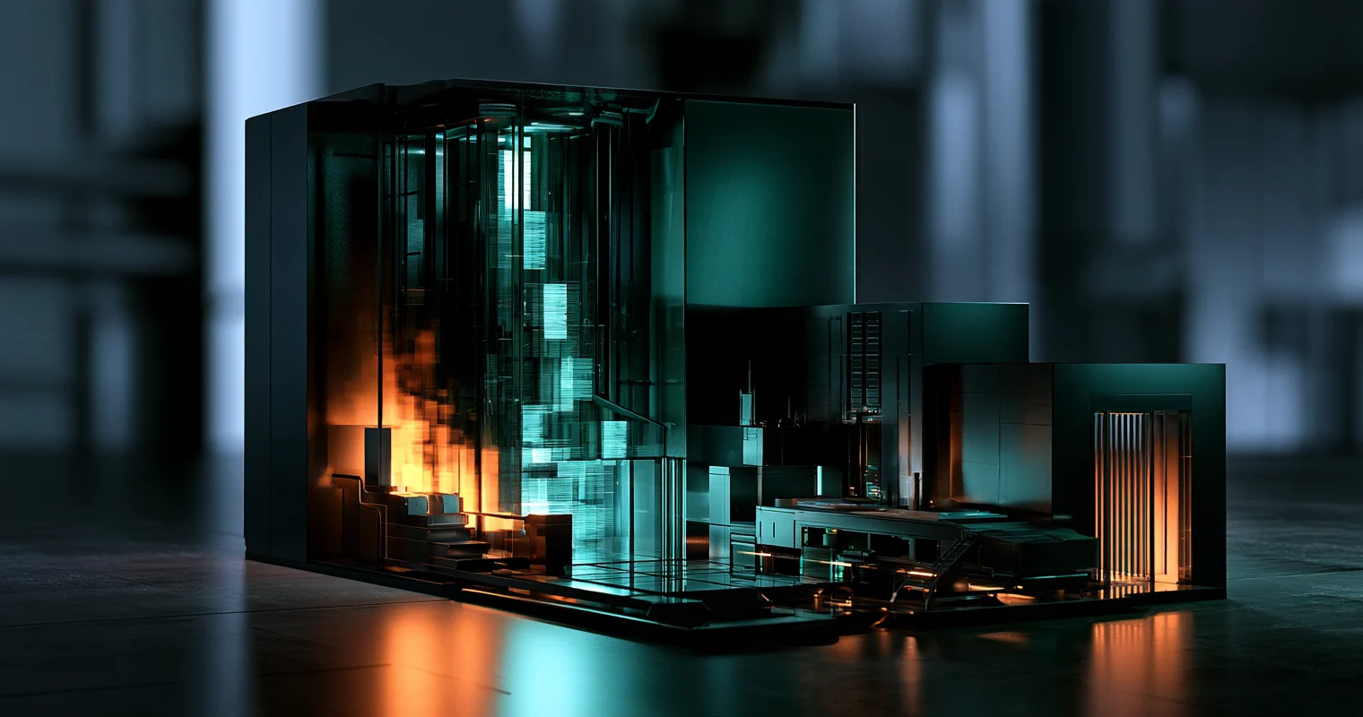 A dark cutaway model of a building on a reflective floor, with glowing cyan blocks in a glass shaft, orange light on the left and an orange-lit doorway on the right.