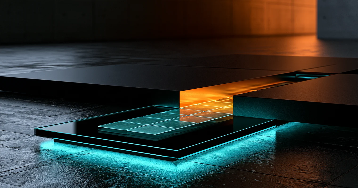 Rows of translucent rectangular tiles on a cyan-lit platform beneath dark slabs, with orange light shining through a narrow opening.