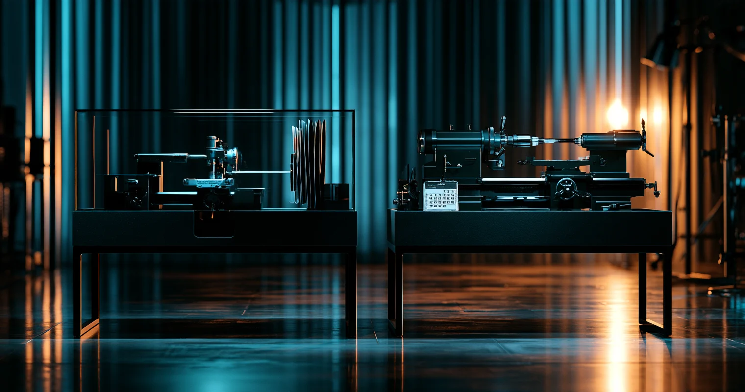 Two dark workbenches on a reflective floor: a small machine and a stack of files inside a glass case on the left, an open lathe with a small calendar on the right.