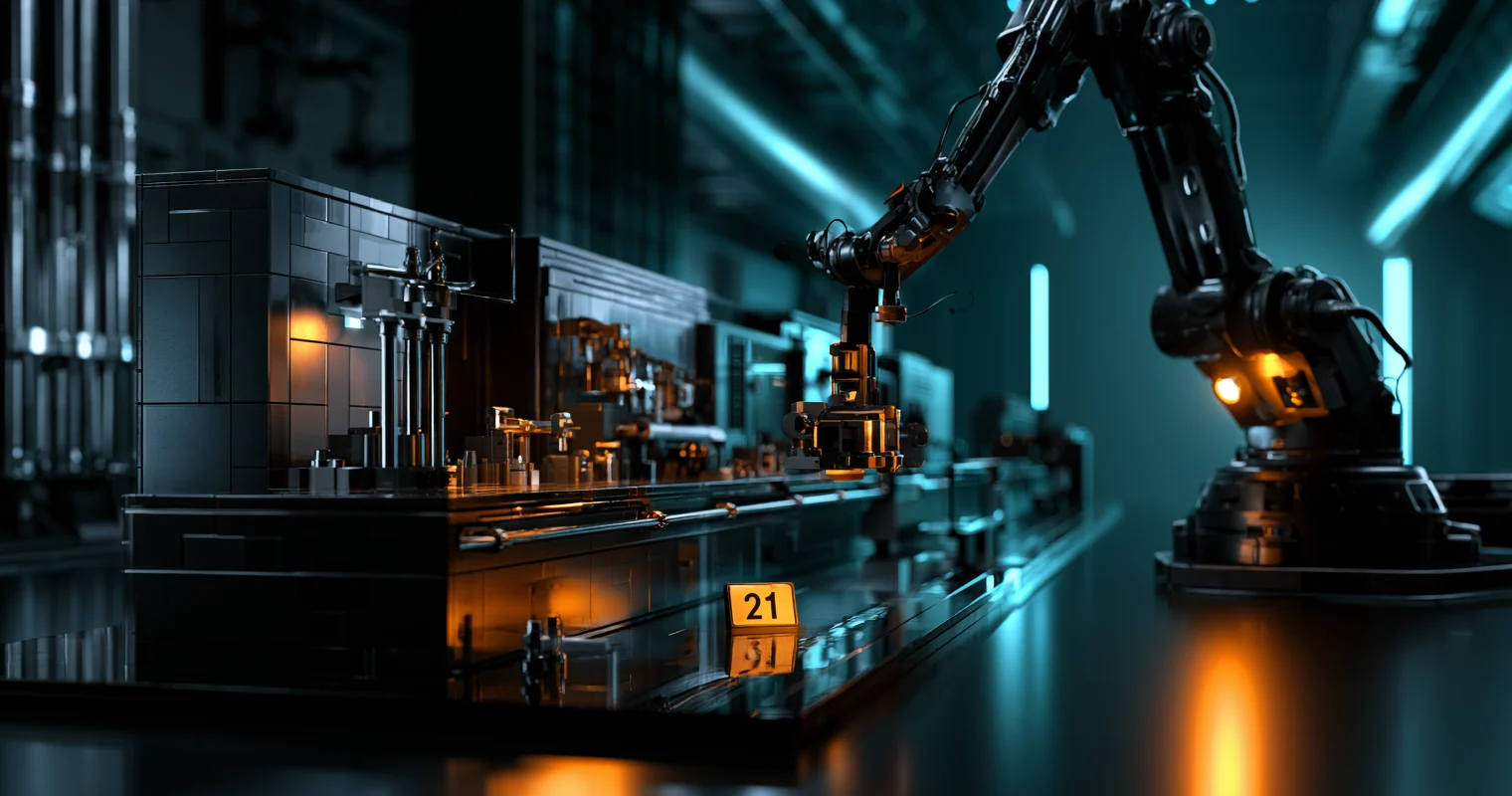 A dark technical diorama: an assembly line recedes to the left along a polished track, its modules lit by small amber lamps. Near the front a small yellow marker card stands upright on the track, printed with the number 21, and a slim robotic arm is lowered to the line at exactly that point. A second, larger robotic arm waits on the right under a single amber lamp, and vertical cyan light strips glow in the dark background.