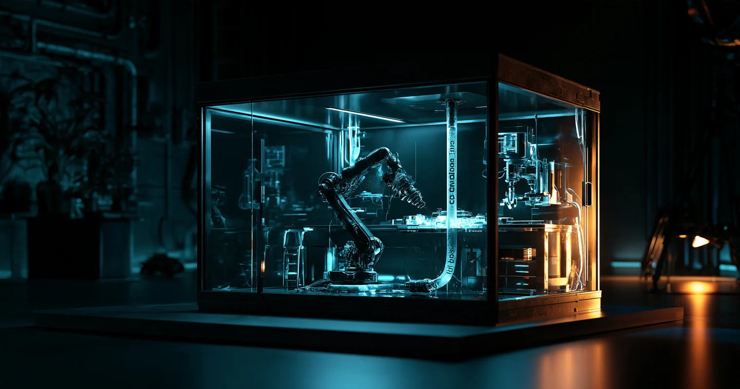 A black robotic arm works inside a cyan-lit glass enclosure filled with small machinery, with a single tube running from ceiling to floor and an amber light glowing outside the case in a dark room.