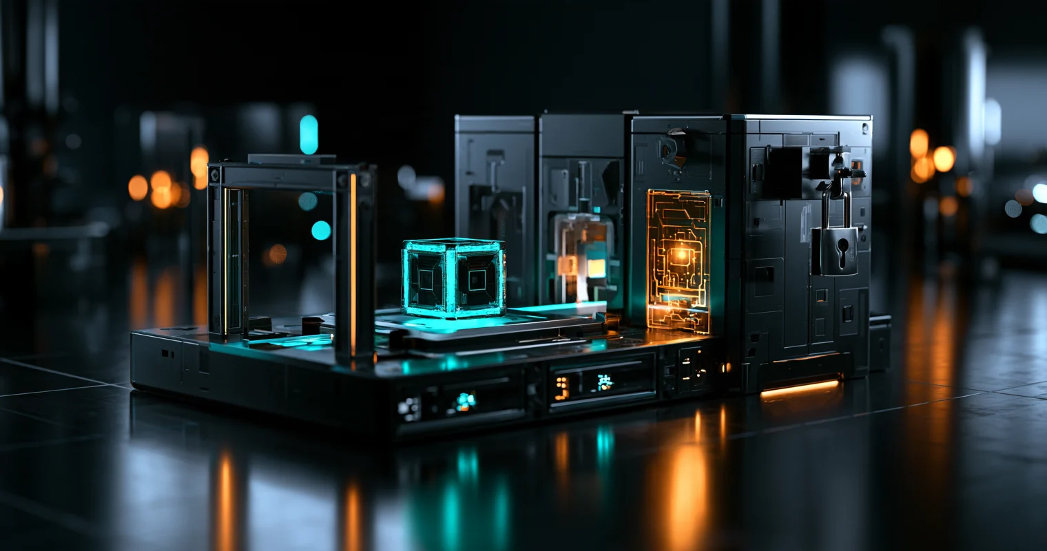 A glowing cyan cube rests on a dark platform between an open metal frame and a row of black cabinet modules, one with an amber circuit-patterned panel and one closed with a padlock.