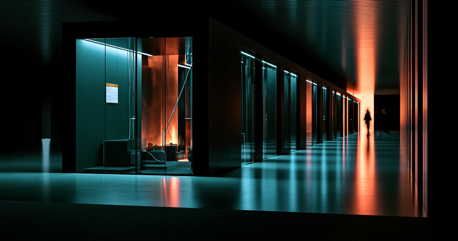 A dark corridor of glass-walled booths lit in cyan along the near wall, with a warm orange glow flooding the far end where a lone silhouetted figure stands.