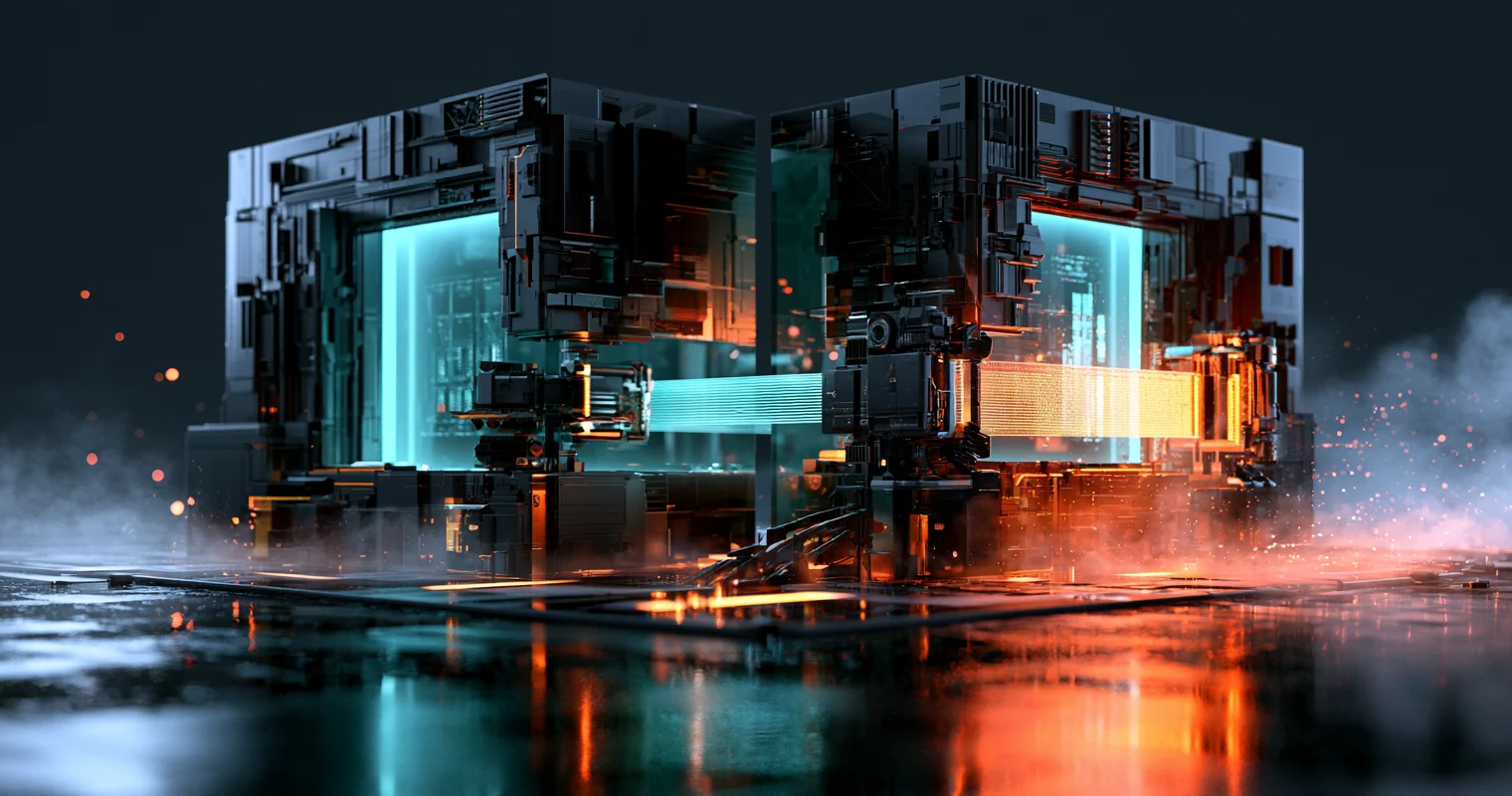 A dark technical diorama showing two isolated cyan-lit workspace chambers, with cyan and amber data paths meeting at separate mechanical gates.