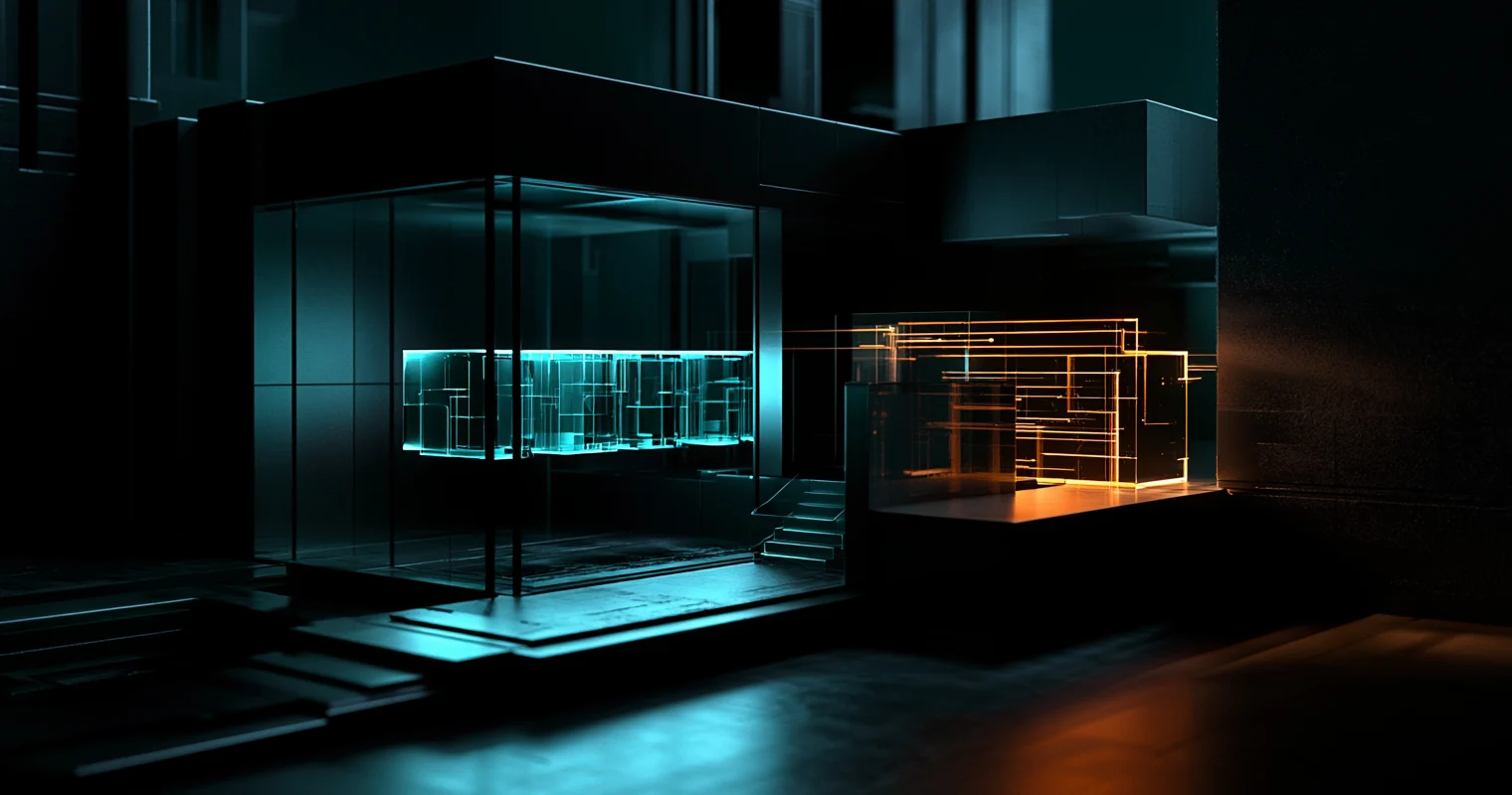 A dark architectural model in which a glass chamber glows with layered cyan wireframe blocks while a separate amber wireframe structure stands outside the chamber on a lit ledge.