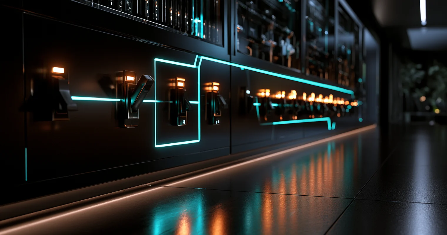 A dark technical control panel showing a row of toggle switches at different positions, cyan and amber indicator lights, on a reflective production floor.