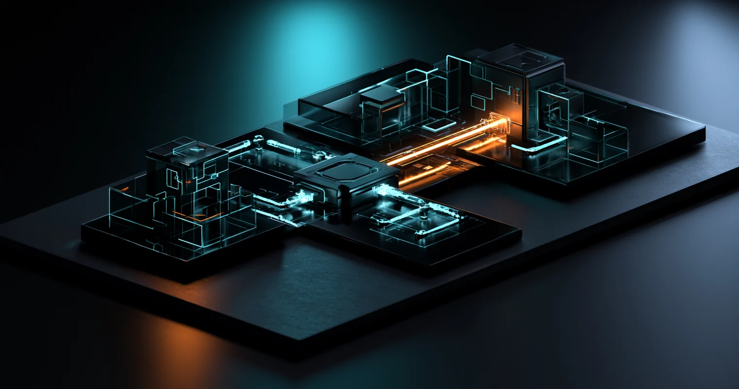 Three black architectural modules connected by glowing cyan and orange pathways on a dark platform.