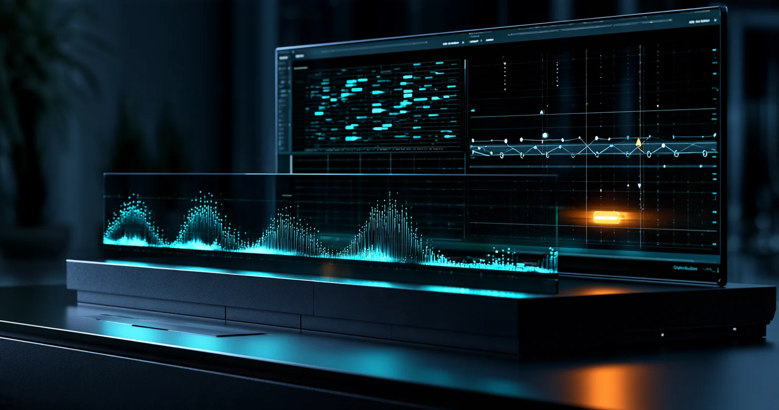 Dark desktop display with cyan activity bars and line charts behind a transparent panel showing a cyan waveform and one amber marker.