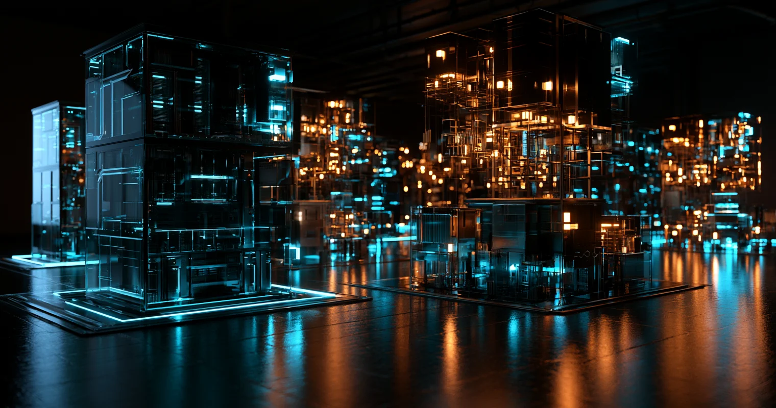 A dark technical scene where one illuminated glass-walled enclosure stands alone on its own plinth, separated from a denser cluster of glowing cyan and amber data blocks behind it.